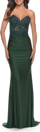 La Femme Stunning Strapless Jeweled Lace and Jersey Dress in Dark Emerald at Nordstrom, Size 12