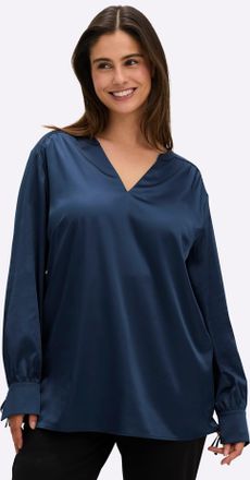 Sheego Longbluse SHEEGO, Damen, Gr. 46, blau (dunkelblau), 97% Polyester, 3% Elasthan, unifarben, V-Ausschnitt, Blusen Longbluse