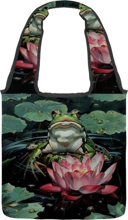 Generic Frog on Lotus Pond (17) Reversible Canvas Shoulder Tote - Double-Sided Print, 12oz Cotton, 27cm Drop, Fold-Flat Bag for Travel, Shopping, Street Outin