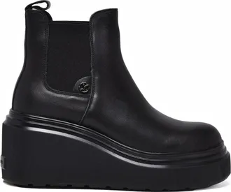 Janet & Janet Black Leather Wedge Ankle Boots