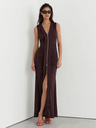 Reiss Grape Burgundy Crepe-jersey Zip-detail Ruched Maxi Dress, 12