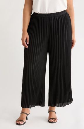 Anne Klein Pleated Pull-On Crop Wide Leg Pants in Anne Black at Nordstrom, Size 3X