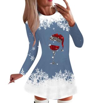 Generic Christmas Dress Womens Long Sleeve Dress Christmas Women Round Neck Mini Dress Red Wine Glass Jumper Dress Funny Tunic Dress Large Sizes Christmas Jum