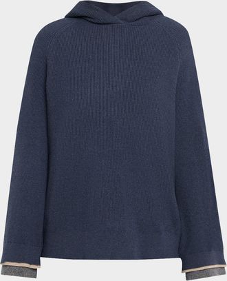 Brunello Cucinelli Two-Tone Monili Cuff Wool-Cashmere Knit Hoodie