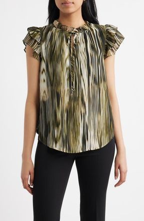 Anne Klein Ruffle Sleeve Tie Neck Top in Bay Leaf Multi at Nordstrom, Size X-Large