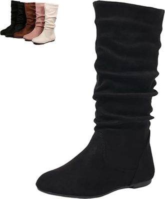 Generic Womens Knee High Boots Side Zipper Round Toe Faux Suede Boot - Knee High Loose Fit Casual Boots, Slouch Booties for Women Comfortable Plus Size Tall S