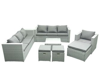 Fimous Wicker PE Rattan Sofa Garden Furniture Set with Armchair Square Coffee Table 3 Footstools Light Grey Mixed