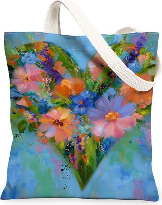 Generic Floral Canvas Tote Bags, Colorful Flower Heart Pattern Reusable Grocery Bags, Summer Artistic Vintage Lightweight Washable, Blue, 13x15 Inch