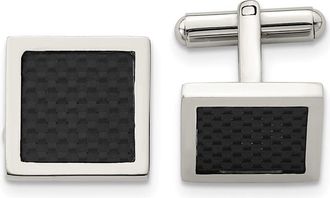 Diamond2Deal Stainless Steel Polished Black Carbon Fiber Inlay Square Cufflinks