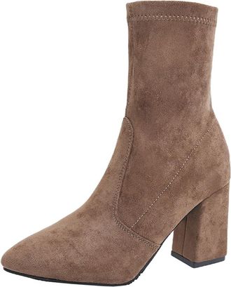 Generic Ankle Boots with Thick Heel and Pointed Toe for Women, Faux Suede Chelsea Boots, Non-Slip Vintage Short Booties for Evening Party (Khaki,7.5)