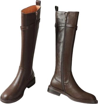 Generic Womens Slim Fit High Boots Belt Buckle Vintage Style Long Booties Low Heel Warm Shoes For Winter Wear