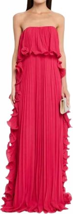 Badgley Mischka Ruffle-Adorned Pleated Prom Gown In Hot Fuchia