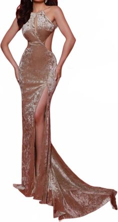 Johnathan Kayne Sleeveless Crystal Crushed Velvet Prom Gown In Sand