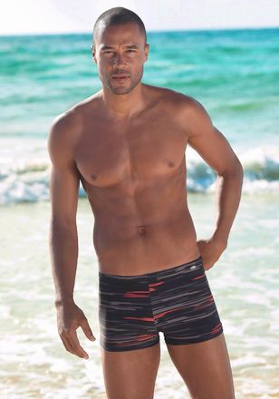 Kangaroos Boxer-Badehose KANGAROOS, Herren, Gr. 4, N-Gr, schwarz (schwarz, grau), Polyamid, gestreift, Badehosen Boxer-Badehose, mit Streifendesign