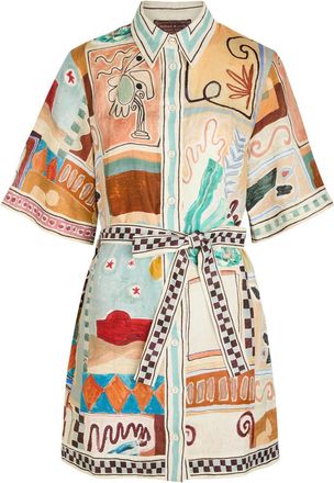 Alemais Alemais Michelle Printed Belted Linen Mini Shirt Dress - Multicoloured - 16 (UK16 / XL)