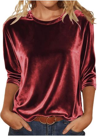 Generic Velvet Long Sleeve Tops Women Crew Neck Solid Gold Velvet Pullover Elegant Tunic Top Soft Loose T Shirts Casual V Neck Ladies Sweatshirts Classic Ligh