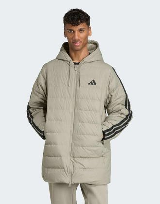 adidas Essentials Climawarm - Piumino leggero stile parka con cappuccio e 3 strisce color argento sasso