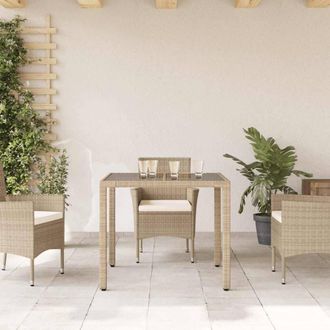 Berkfield Home Garden Table with Glass Top Beige 90x90x75 cm Poly Rattan | Size: 90 x 90 x 75 cm
