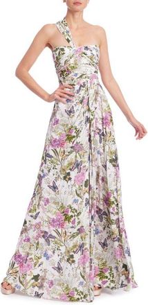 Badgley Mischka Floral One-Shoulder Evening Gown in White Multi at Nordstrom, Size 2