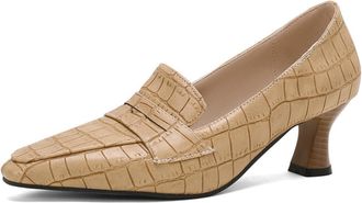 Generic Women Pointed Toe Loafers Solid Color Crocodile Texture Penny Strap Curved Block Heel Slip On Narrow Toe Cap Non Slip Durable Comfortable Dress Shoes,