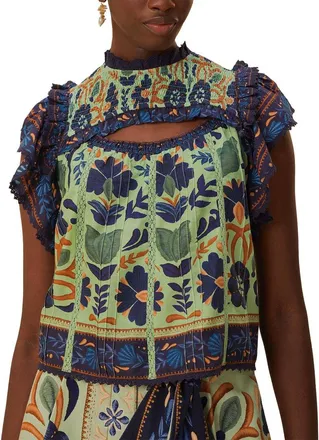 Farm Rio Ocean Tapestry Green Sleeveless Blouse