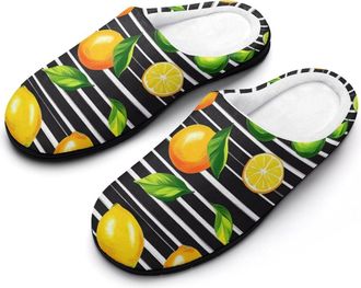 Generic Lemons Oranges Black Strip Fashion Cotton Slippers for Women Memory Foam House Slippers Non-Slip House Bedroom Shoes