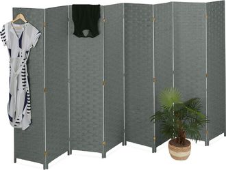 Relaxdays Relaxdays - Biombo 8 Paneles Plegable, Separador Ambientes, 170x320 Cm, Pantalla Interior, Madera, Cuerda De Papel, Gris