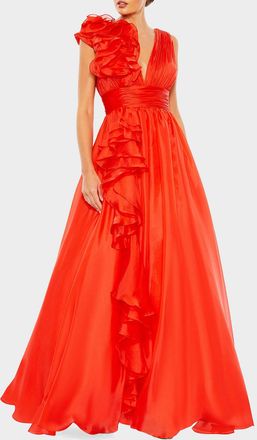 Mac Duggal Ruffle Deep V-Neck Chiffon Gown