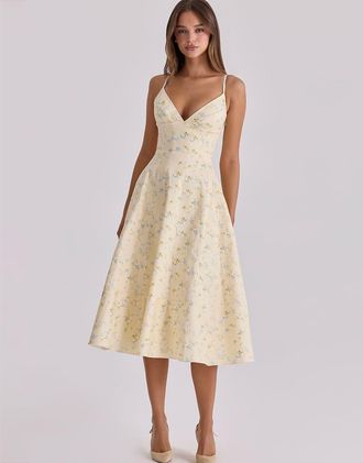 House of CB Millie - Prendisole midi in cotone giallo limone con stampa a fiori e spalline sottili