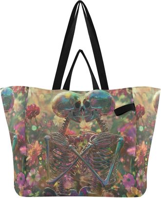 Generic Skeleton Pink Flowers print Reusable Canvas Tote Bag, Heavy Duty Grocery Shopping Bag with Large Capacity Hard Bottom Double Handles Work Groceries Tr