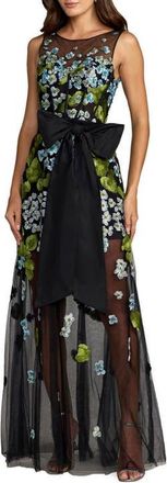 Mac Duggal Sleeveless Mesh Applique Gown With Bow Belt in Blue Multi at Nordstrom, Size 12