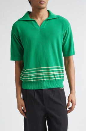 Bode Bentgrass Stripe Cotton Polo Sweater in Green at Nordstrom, Size X-Large