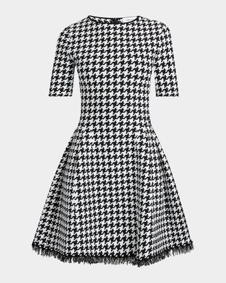 Alexander McQueen Houndstooth Fit-Flare Fringe Knit Mini Dress