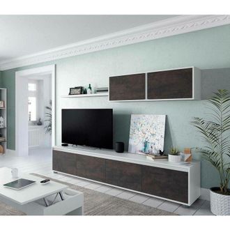 Dmora Dmora - Mueble tv de salón con cuatro puertas, con mueble alto y balda, marrón oscuro y blanco brillo, medidas mueble tv 200 x 43 x 41 cm Mueble tv
