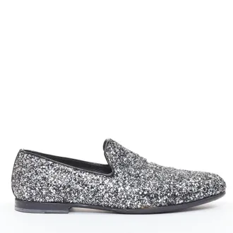 Jimmy Choo London Marlo silver coarse glitter almond toe loafers