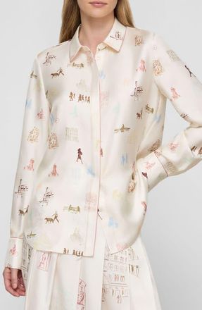 Lafayette 148 New York Scottie New Yorker Print Silk Twill Button-Up Shirt in Cloud Multi at Nordstrom, Size X-Large