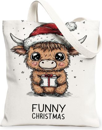 Generic Funny Animal Canvas Tote Bags, Holiday Cow Design Reusable Grocery Bags, Winter Fanciful Lightweight Washable Canvas for Tr, White, 13x15 Inch