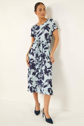 Roman Floral Tie Front Stretch Midi Dress