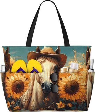 Generic Cowboy Horse Print Large Beach Bag Foldable Travel Shoulder Tote Bag With Pocket For Weekender Pool Vacation