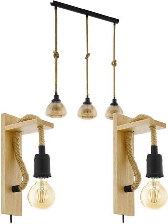 Loops Linear Ceiling Pendant & 2x Matching Wall Lights Black Rope & Amber Glass Shade