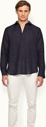 Orlebar Brown Percy Linen Classic Collar Overhead Linen Shirt in Dark Navy at Nordstrom, Size Xx-Large