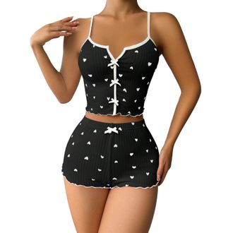 Generic Womens Pyjamas Shorts Set 2 Piece Heart Pjama Set Women Summer Cami Tops and Drawstring Shorts Pj Sets Elegant Crop Ribbed Tank Top Pyjamas Sleepwear 