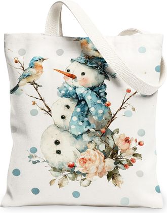 Generic Snow Man Canvas Tote Bags, Cute Bird and Floral Pattern Reusable Shopping Bags, Vintage Lightweight Washable Shoulder Strap Canvas for Travel Beach Pi
