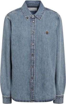 Ami Quota Button Down Contrasted Logo Shirt - Dames - Blouses & Shirts - Blauw - Maat: 2XS Katoen