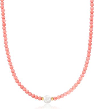 Ross-Simons 8.5-9mm Cultured Pearl and 4mm Pink Coral Bead Necklace With 18kt Gold Over Sterling