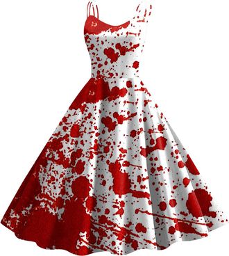 Generic Zuoyue Halloween Dress for Women Halloween Bloody Print Casual Party Round Neck Sexy Sleeveless Dress Evening Party Cocktail Swing Dresses Vintage Ele