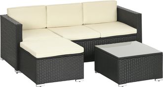 OUTSUNNY Conjunto De Muebles De Rat&aacute;n De Jard&iacute;n Sof&aacute; De 3 Plazas Con Cojines Acolchados Mesa De Centro Con Tablero De Vidrio Templado Y Reposapi&eacute;s