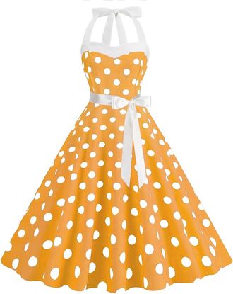 Generic Women 1950s Vintage Retro Rockabilly Dress Halter Neck Sleeveless Backless A Line 50s 60s Polka Dot Swing Party Cocktail Dresses Vintage Prom Swing Pa