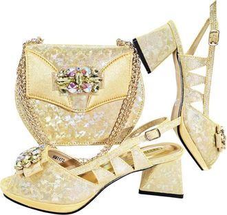 Generic Peep Toe Shoes Elegant Diamond-Embellished High Heels Designed Shoe And Handbag Set