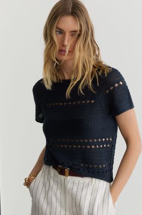 Reiss Navy Linen Textured-knit Top, XS
